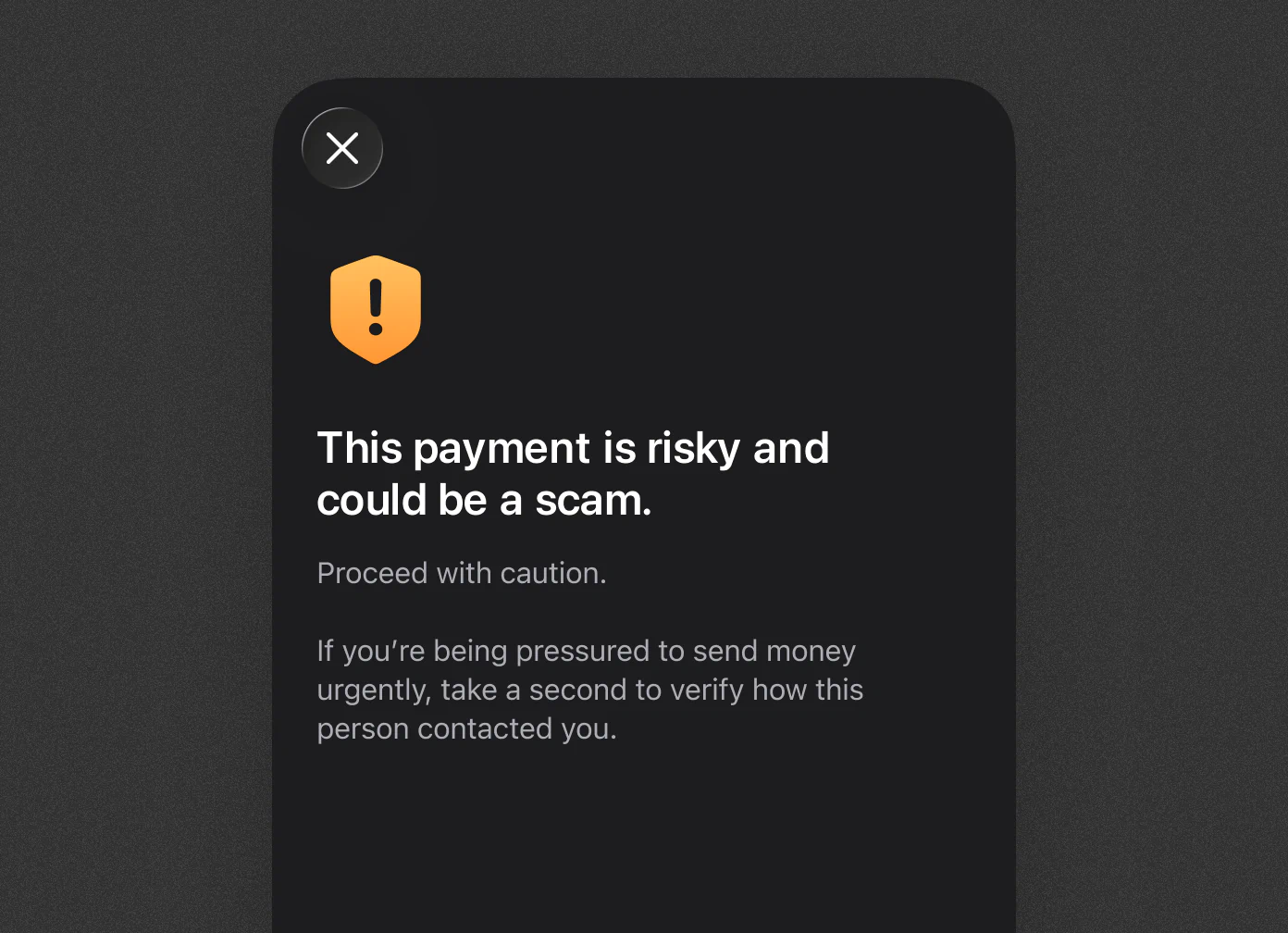 A warning that a payment could be a scam, with a reminder to verify who contacted you before sending money.