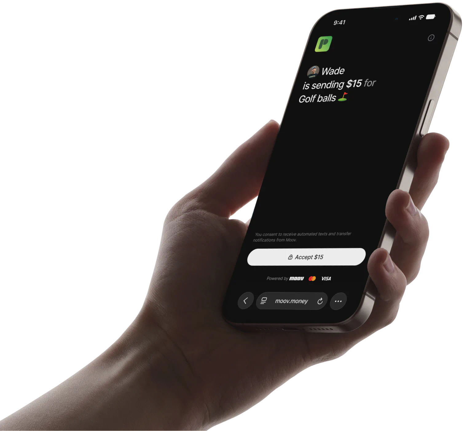 A hand holding a phone showing a moov.money page in a browser: Wade is sending $15 for golf balls, with an Accept $15 button.